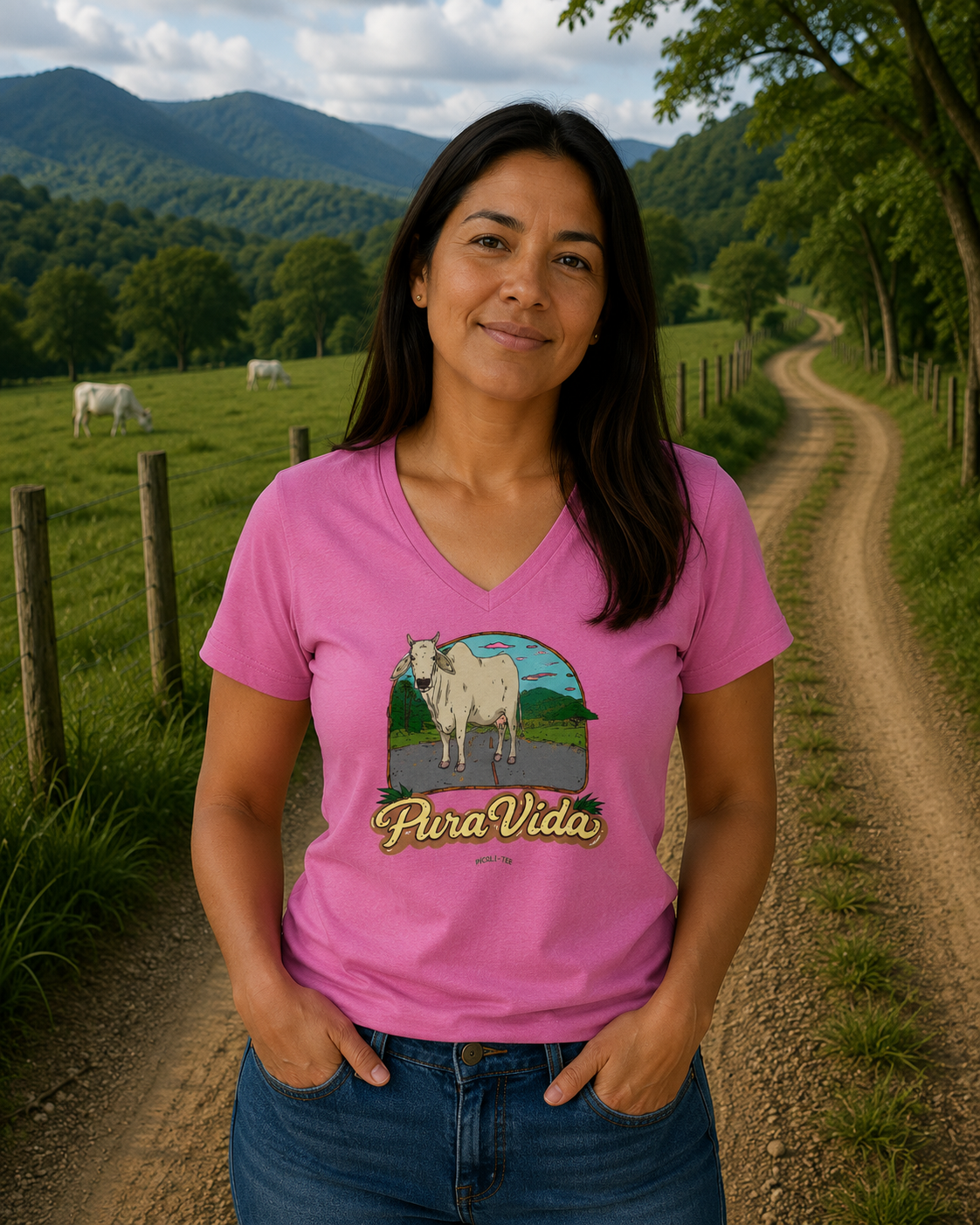 Pura Vida Cow, Women’s Semi Fitted, Midweight V-Neck Tee