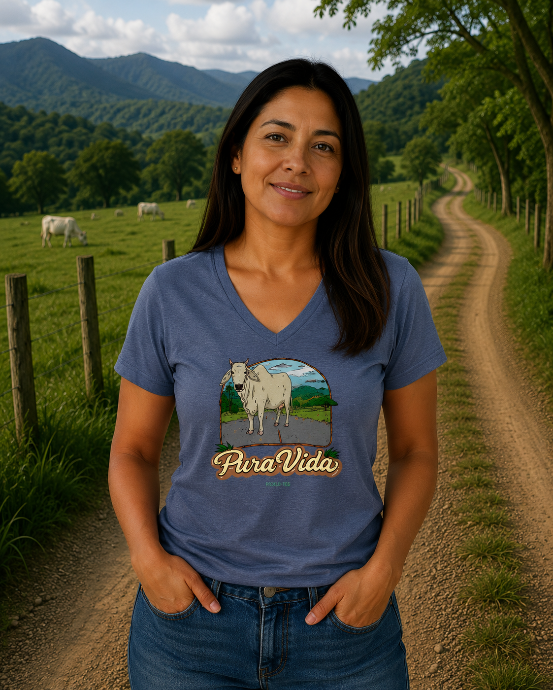 Pura Vida Cow, Women’s Semi Fitted, Midweight V-Neck Tee
