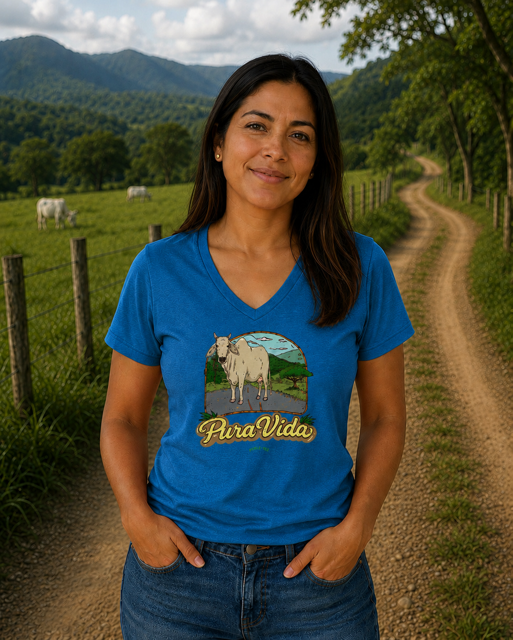 Pura Vida Cow, Women’s Semi Fitted, Midweight V-Neck Tee