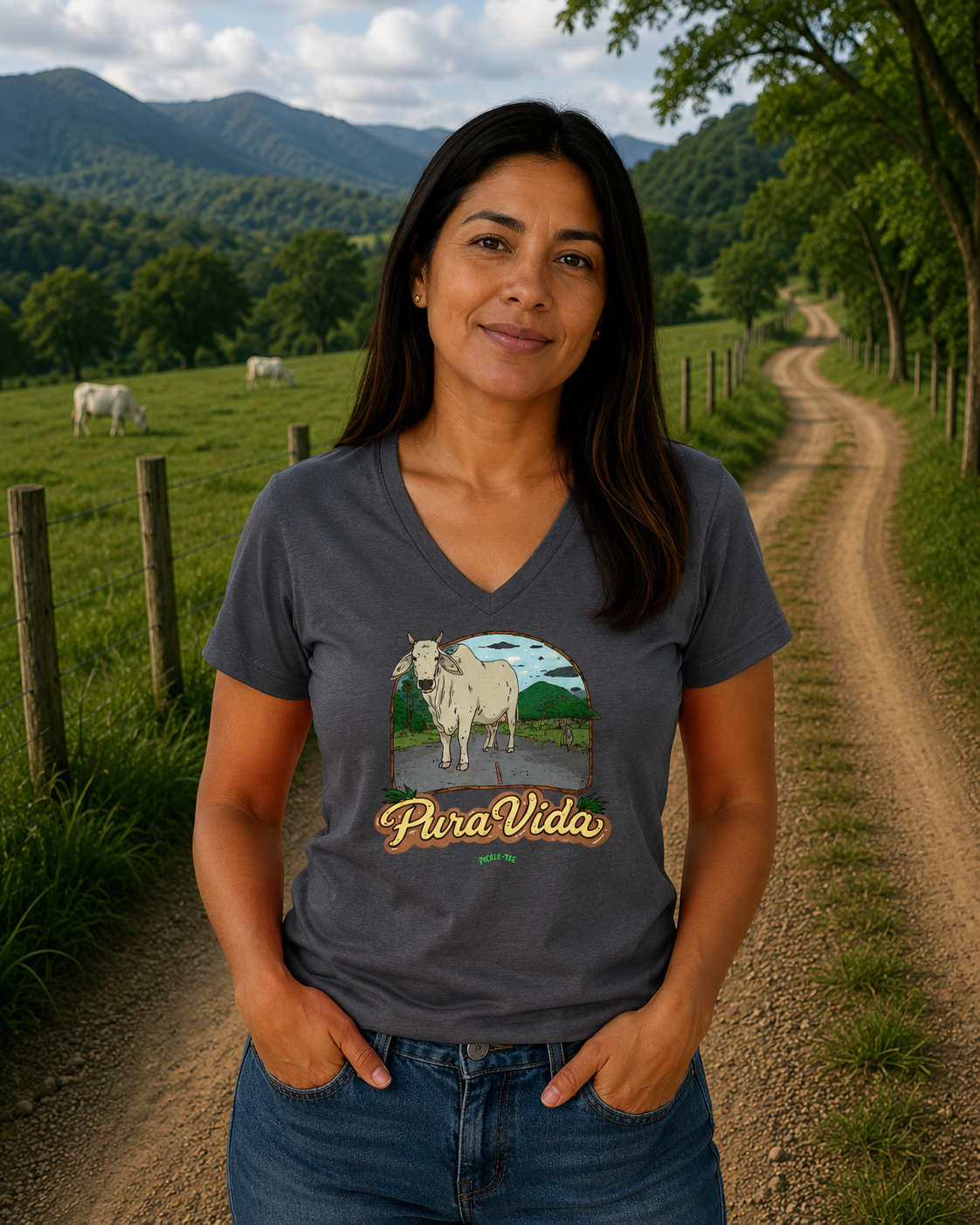 Pura Vida Cow, Women’s Semi Fitted, Midweight V-Neck Tee