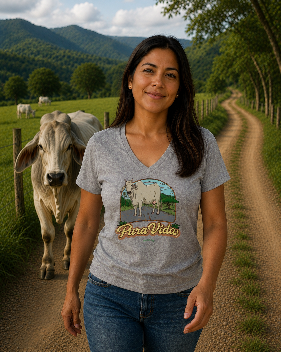 Pura Vida Cow, Women’s Semi Fitted, Midweight V-Neck Tee