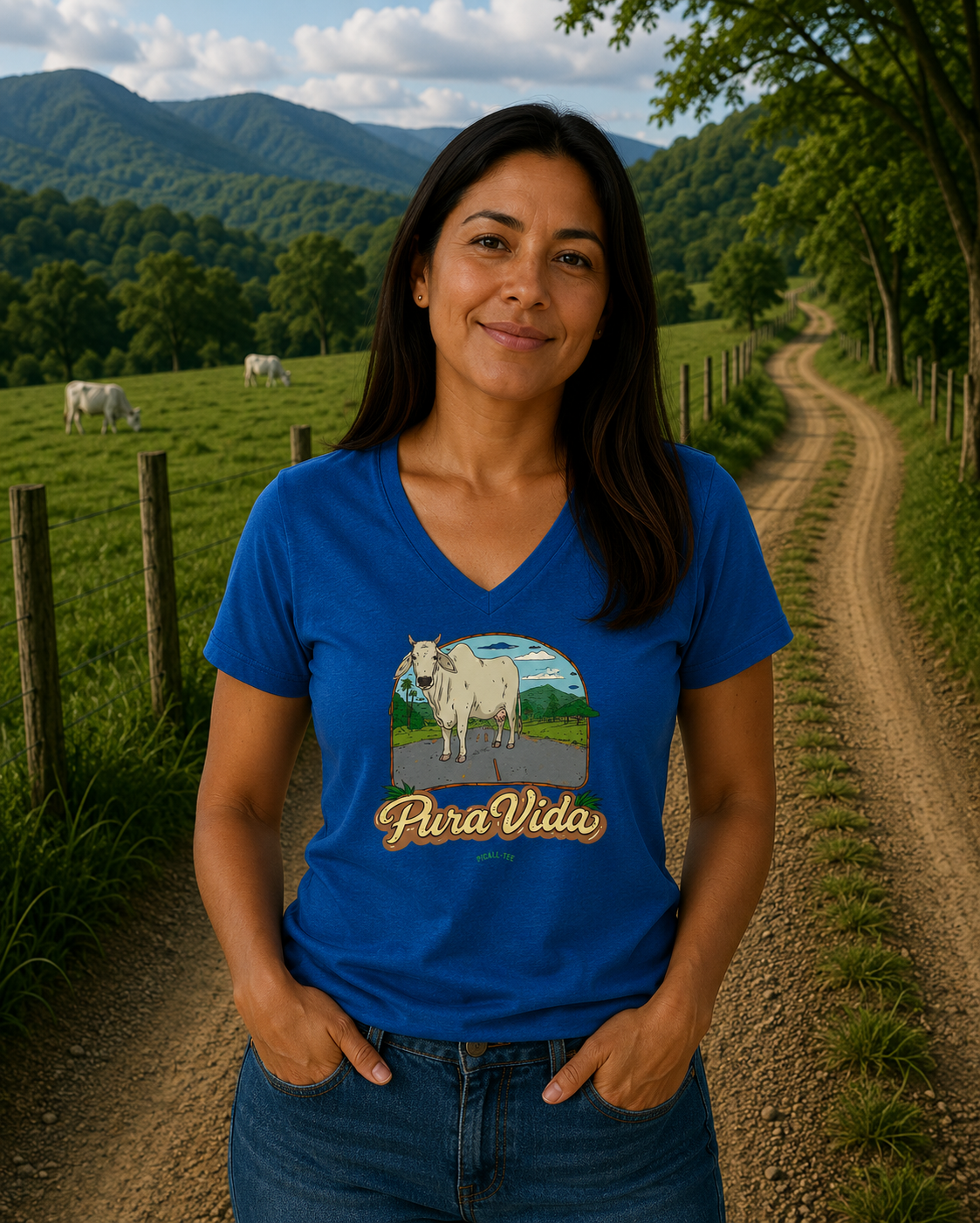 Pura Vida Cow, Women’s Semi Fitted, Midweight V-Neck Tee