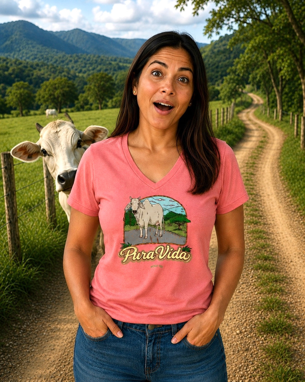 Pura Vida Cow, Women’s Semi Fitted, Midweight V-Neck Tee