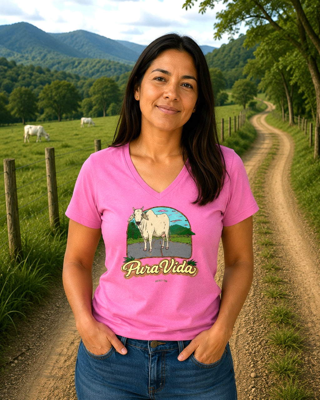 Pura Vida Cow, Women’s Semi Fitted, Midweight V-Neck Tee
