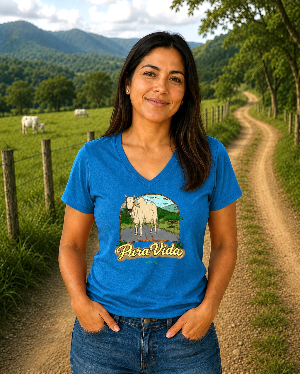 Pura Vida Cow, Women’s Semi Fitted, Midweight V-Neck Tee
