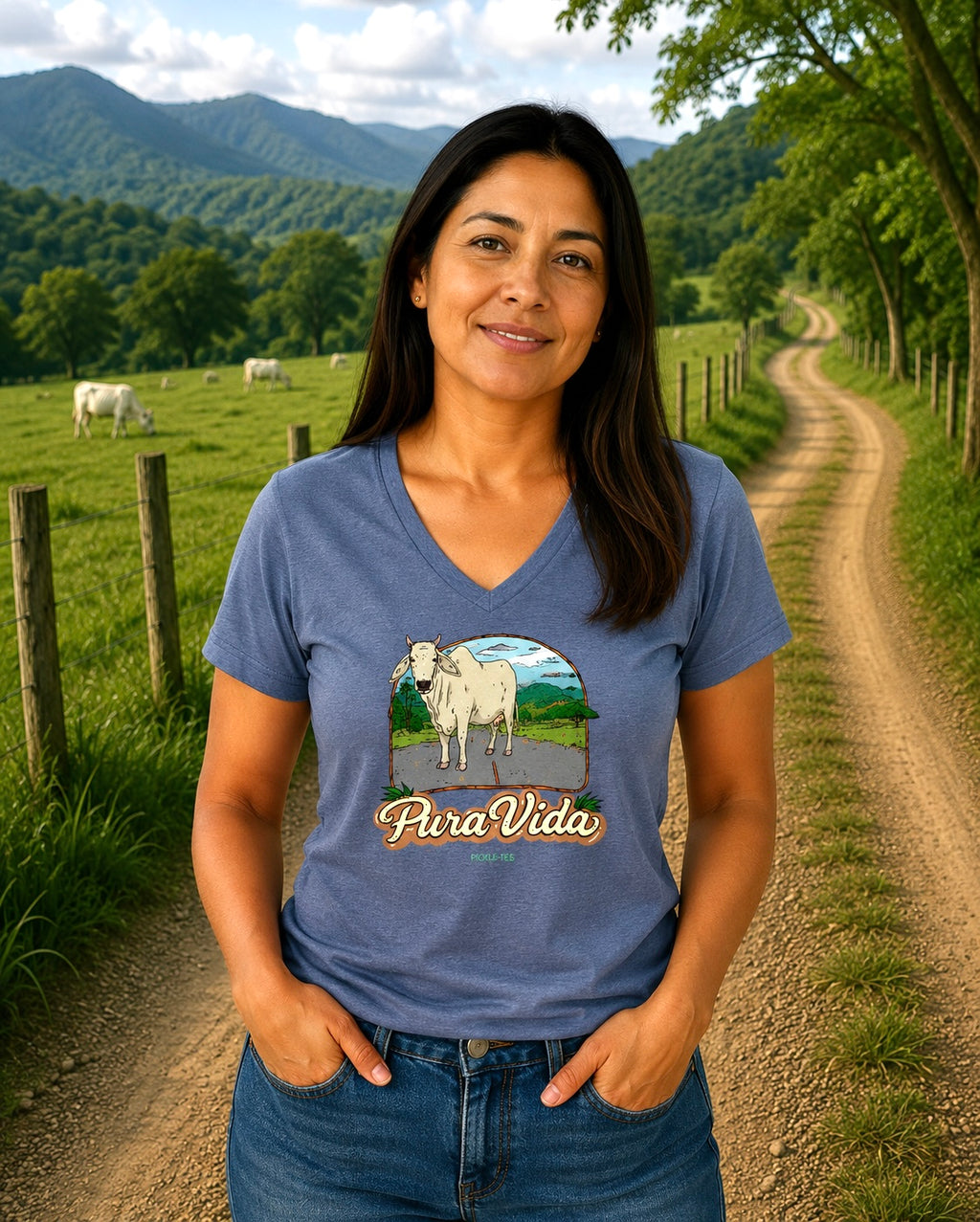Pura Vida Cow, Women’s Semi Fitted, Midweight V-Neck Tee