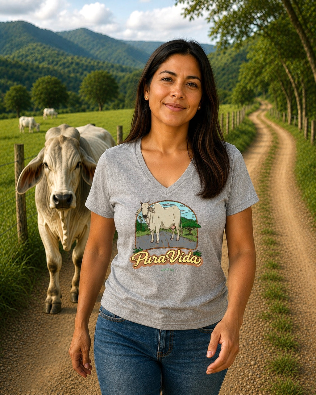 Pura Vida Cow, Women’s Semi Fitted, Midweight V-Neck Tee