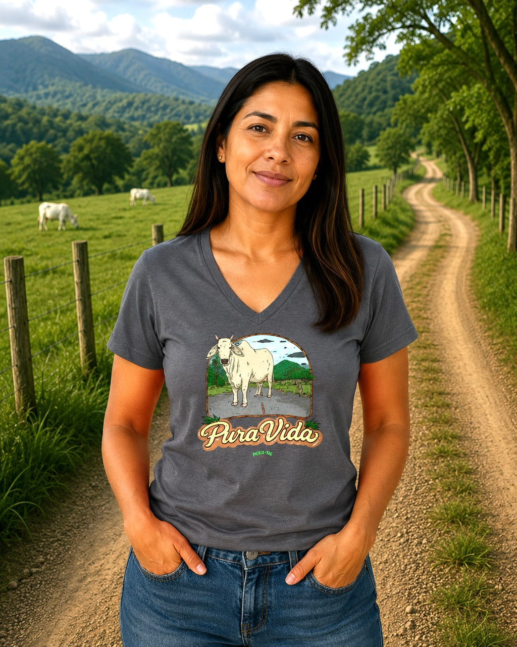 Pura Vida Cow, Women’s Semi Fitted, Midweight V-Neck Tee