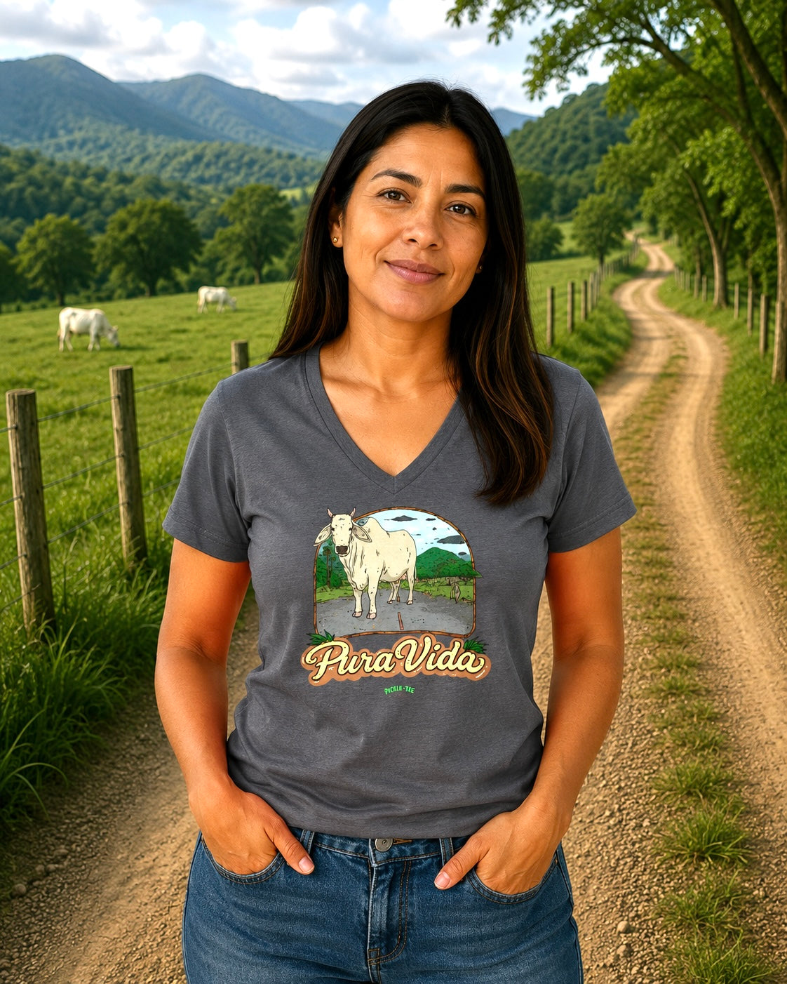 Pura Vida Cow, Women’s Semi Fitted, Midweight V-Neck Tee