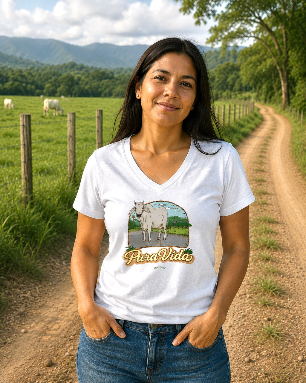 Pura Vida Cow, Women’s Semi Fitted, Midweight V-Neck Tee