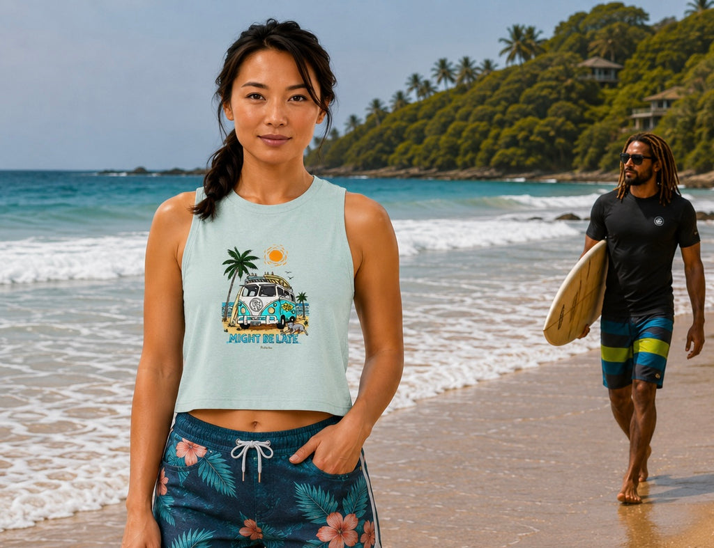 Surfing, Might Be Late Women’s Racerback Crop