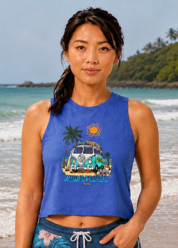 Surfing, Might Be Late Women’s Racerback Crop