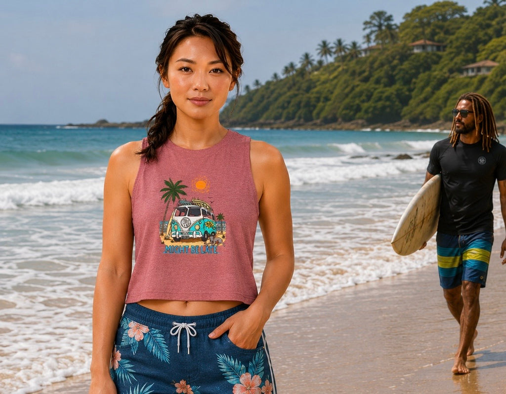 Surfing, Might Be Late Women’s Racerback Crop