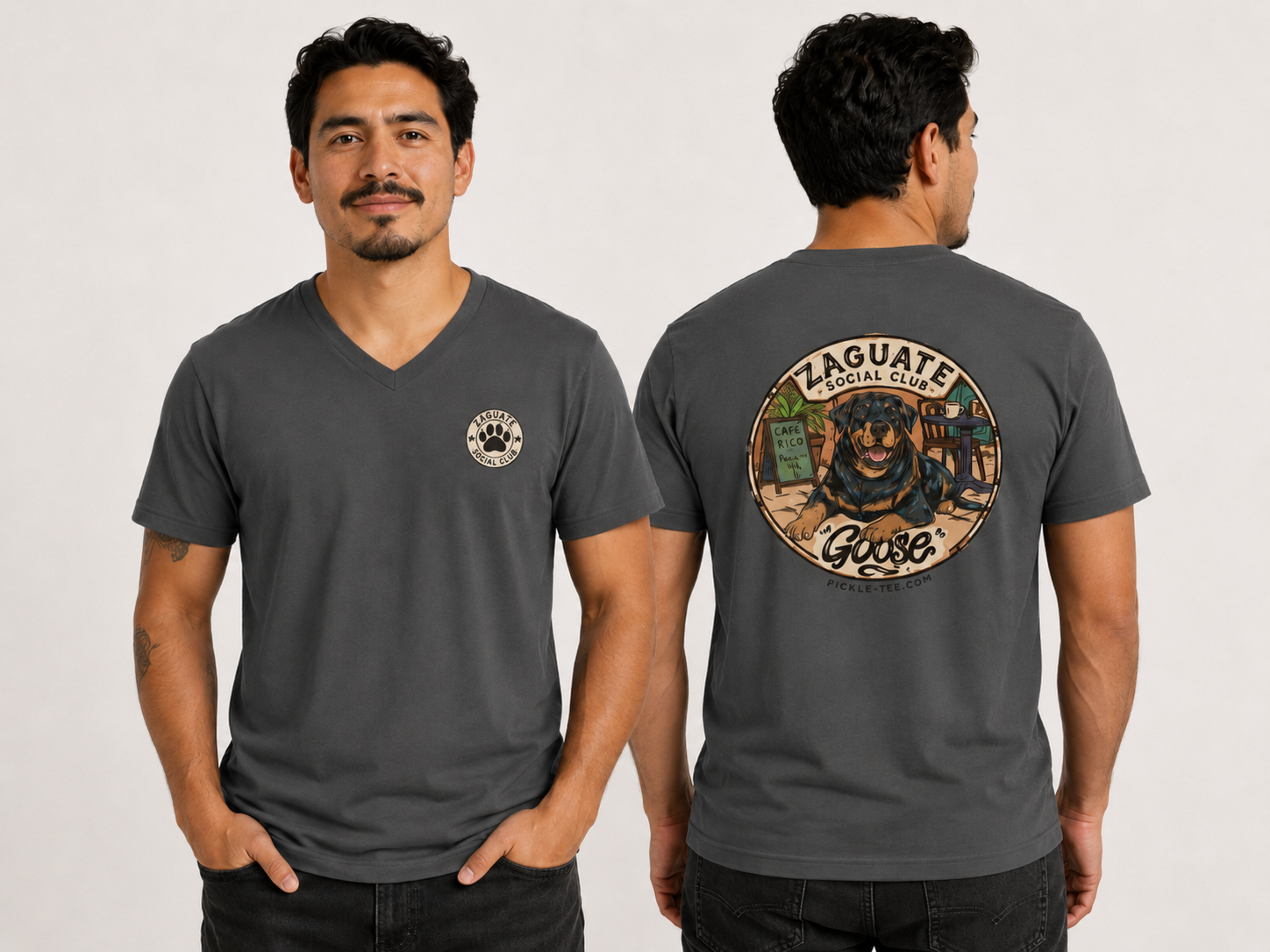 Zaguate Social Club- Goose front logo, Unisex V-Nect Tee