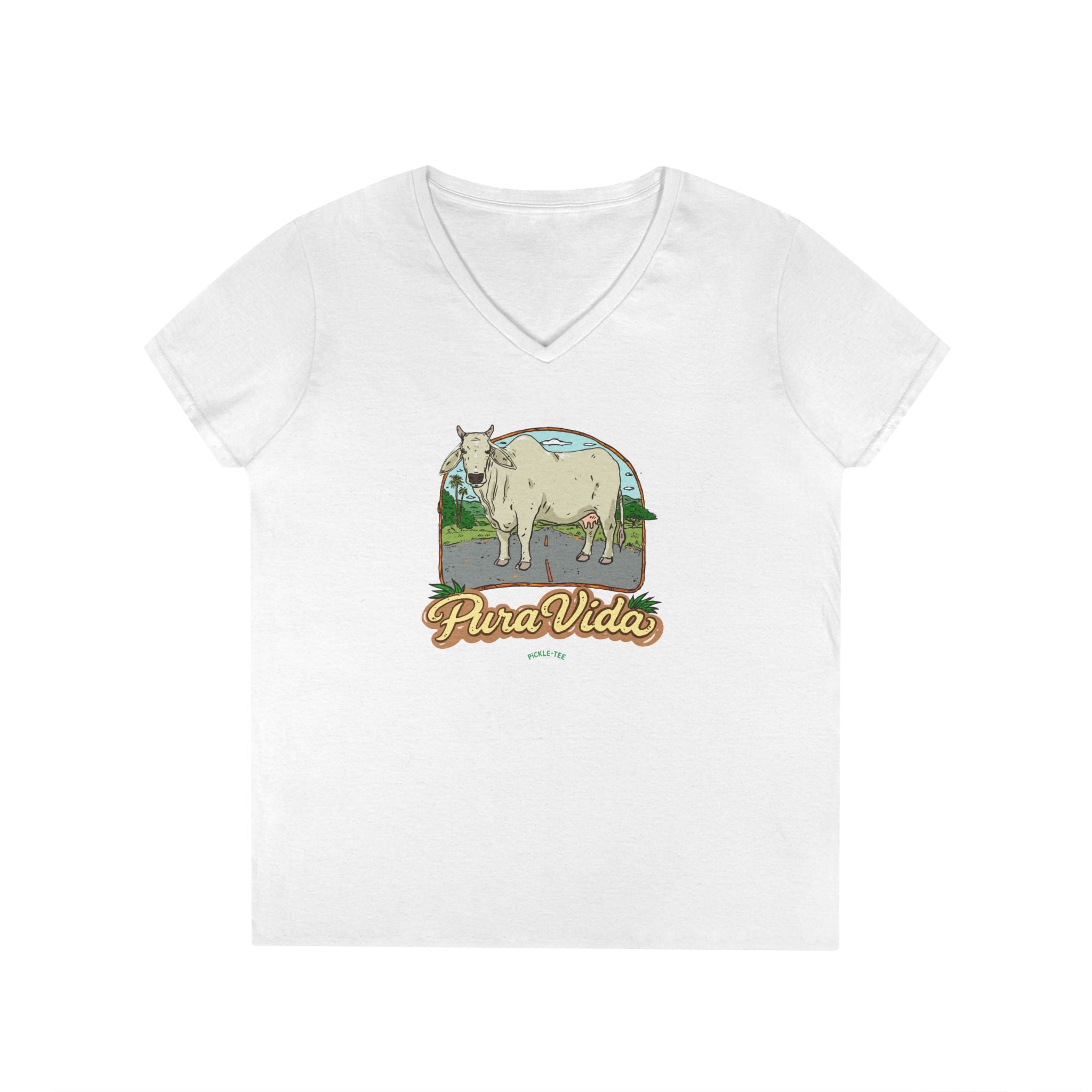 Pura Vida Cow, Women’s Semi Fitted, Midweight V-Neck Tee