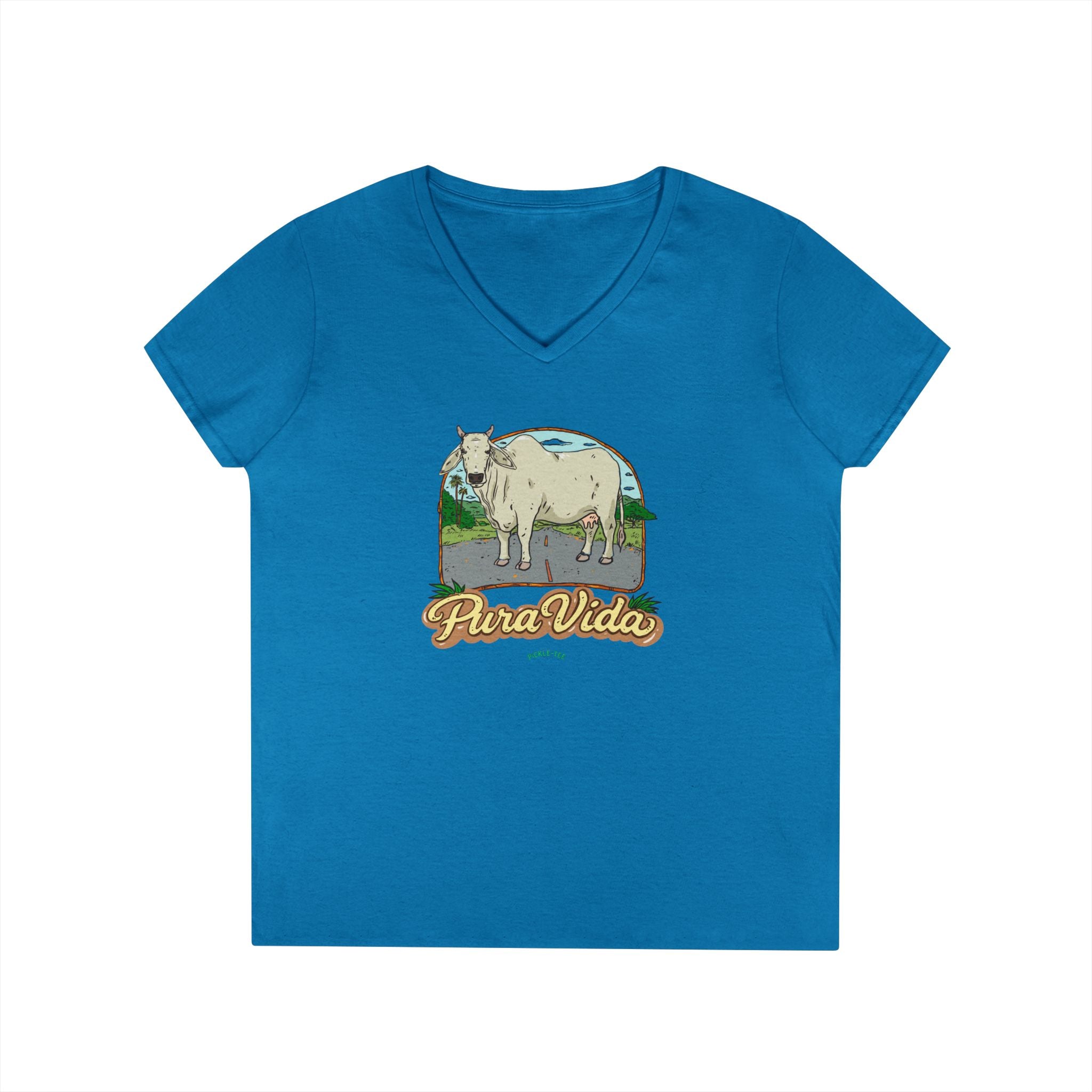 Pura Vida Cow, Women’s Semi Fitted, Midweight V-Neck Tee