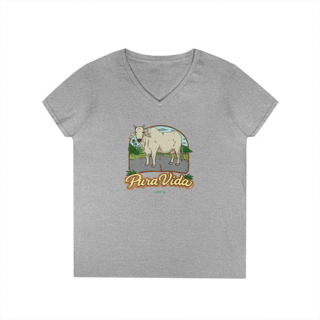 Pura Vida Cow, Women’s Semi Fitted, Midweight V-Neck Tee