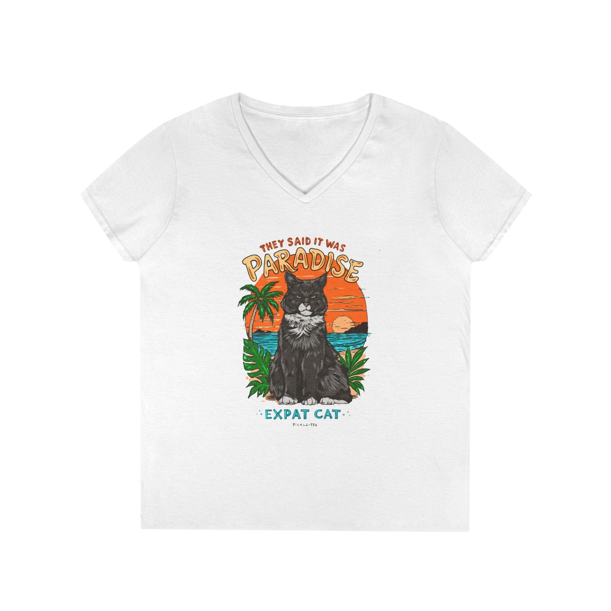 Expat Cat Ladies' Midweight Semi-fitted V-Neck Tee